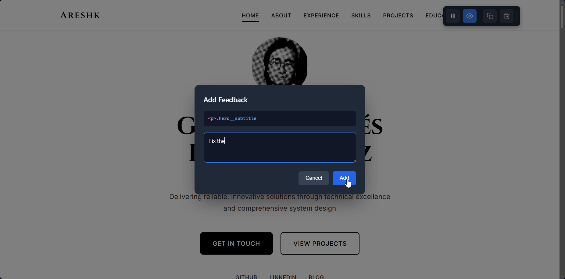 AgentEcho annotation overlay on a web page, showing a feedback panel with a CSS selector and a note field