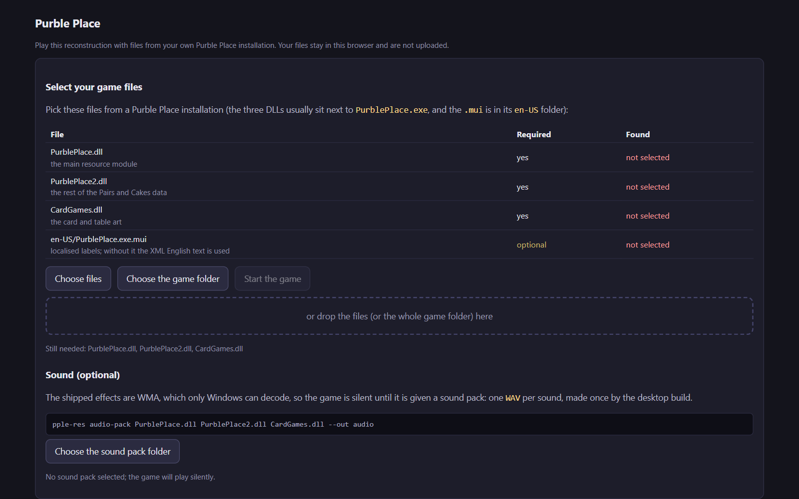 Purble Place reconstruction start-up screen listing the game files it needs, with file and folder pickers