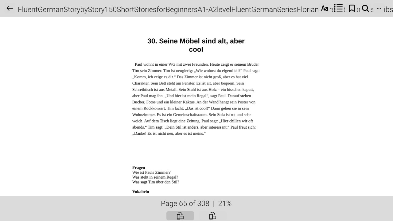 SwitchElf reading view showing a German short story, with the chapter navigation header and reading progress footer